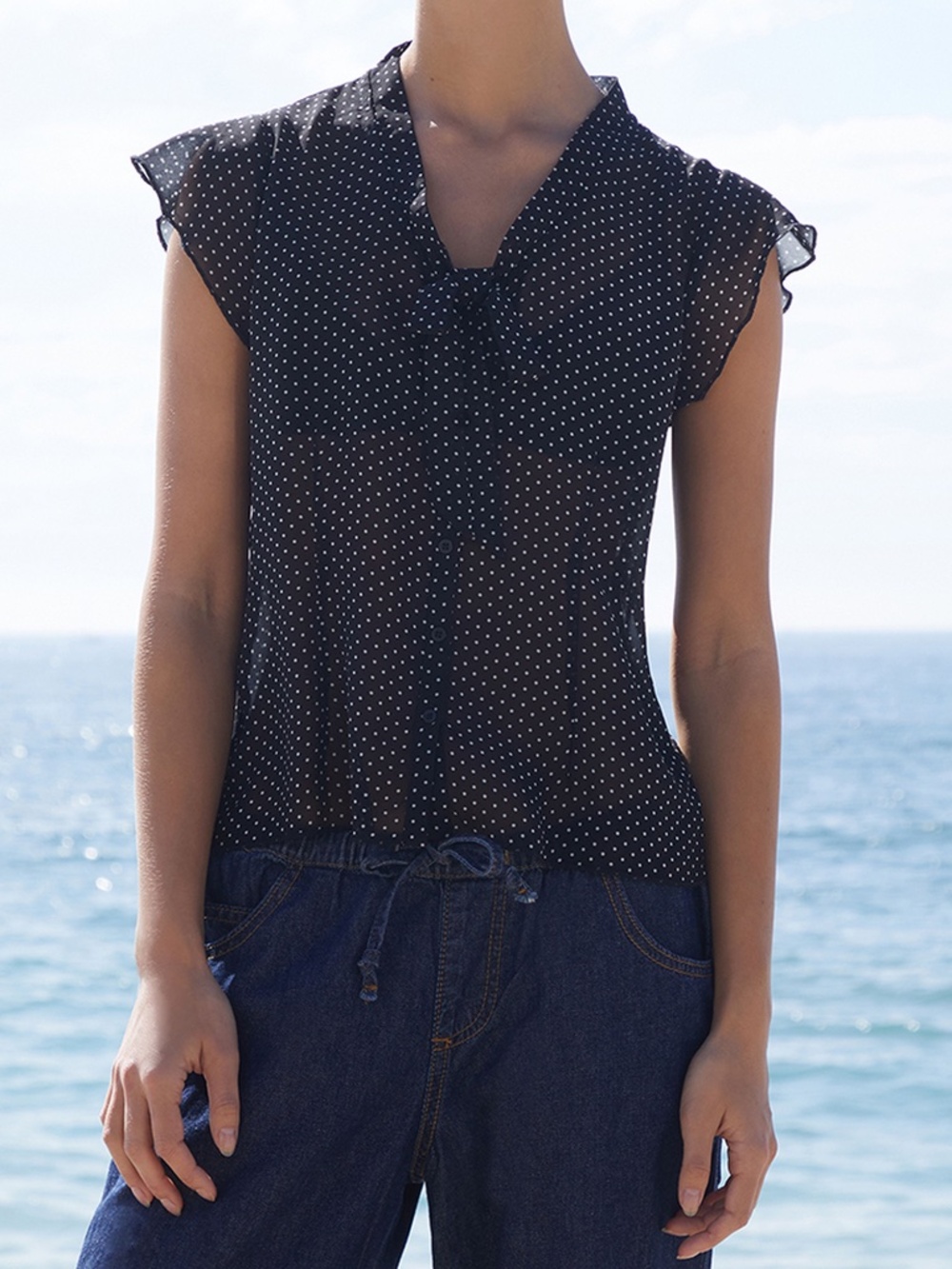 Brandy Melville Sheer Black Polka Dot Tie Front Blouse One Size